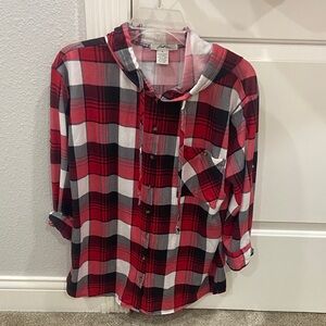 Girls' Plaid Hooded Button-Down Shirt - Red/Black/White
